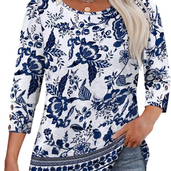 Womens Tops 3/4 Sleeve with Buttons Dressy Casual Blouses Summer Outfits Beach V - Picture 2 of 5